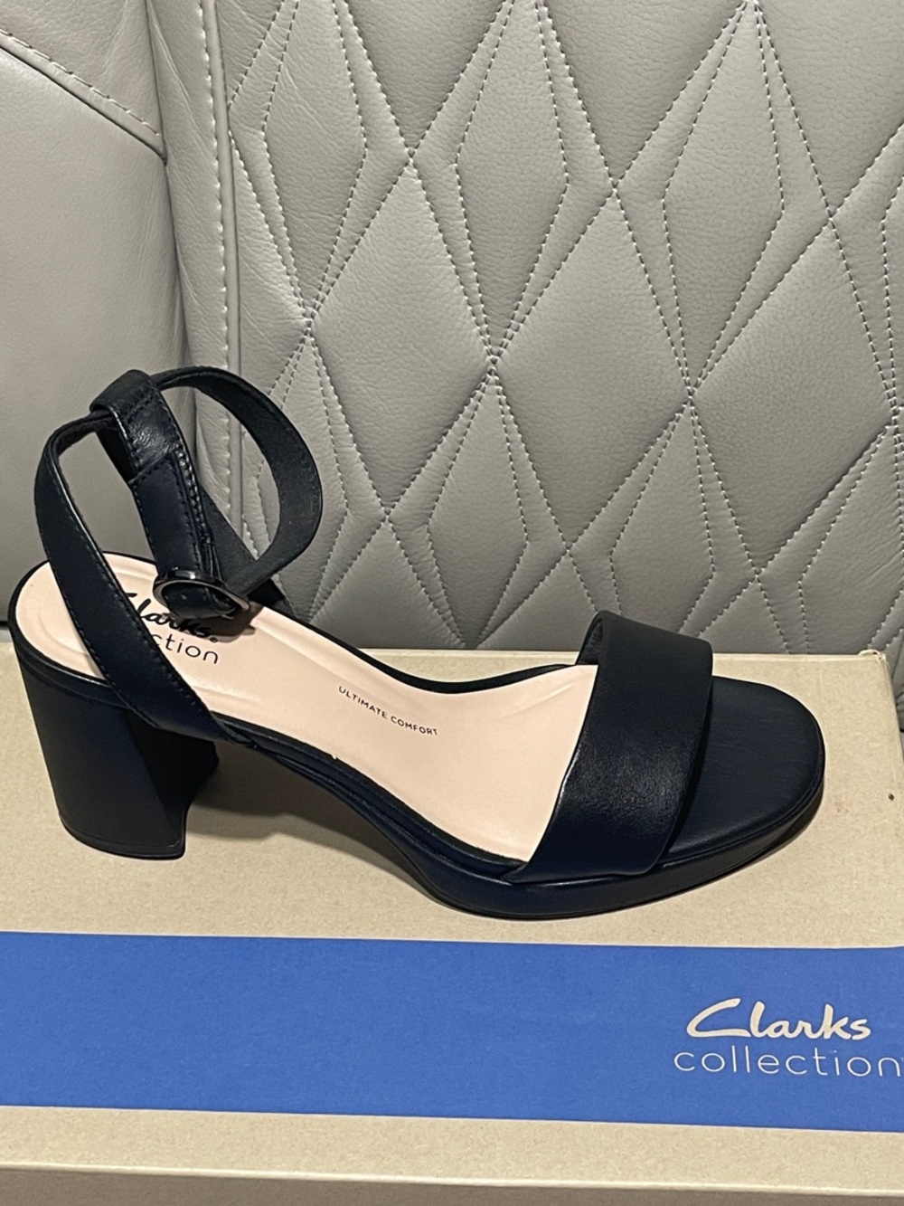 Clarks AMBYRLYN BAY Black Leather Block Heel Sandal with Ankle Strap